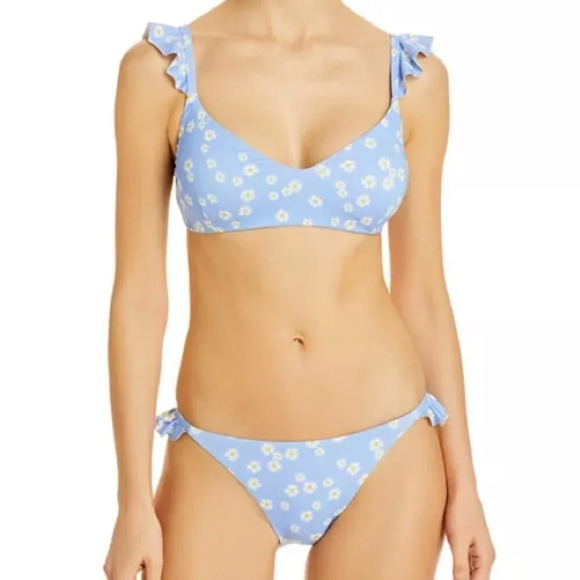 NWT Aqua Swim Bloomingdale’s Daisy Print Ruffled Bikini Top & Bottom Blue | sz S - Picture 1 of 6